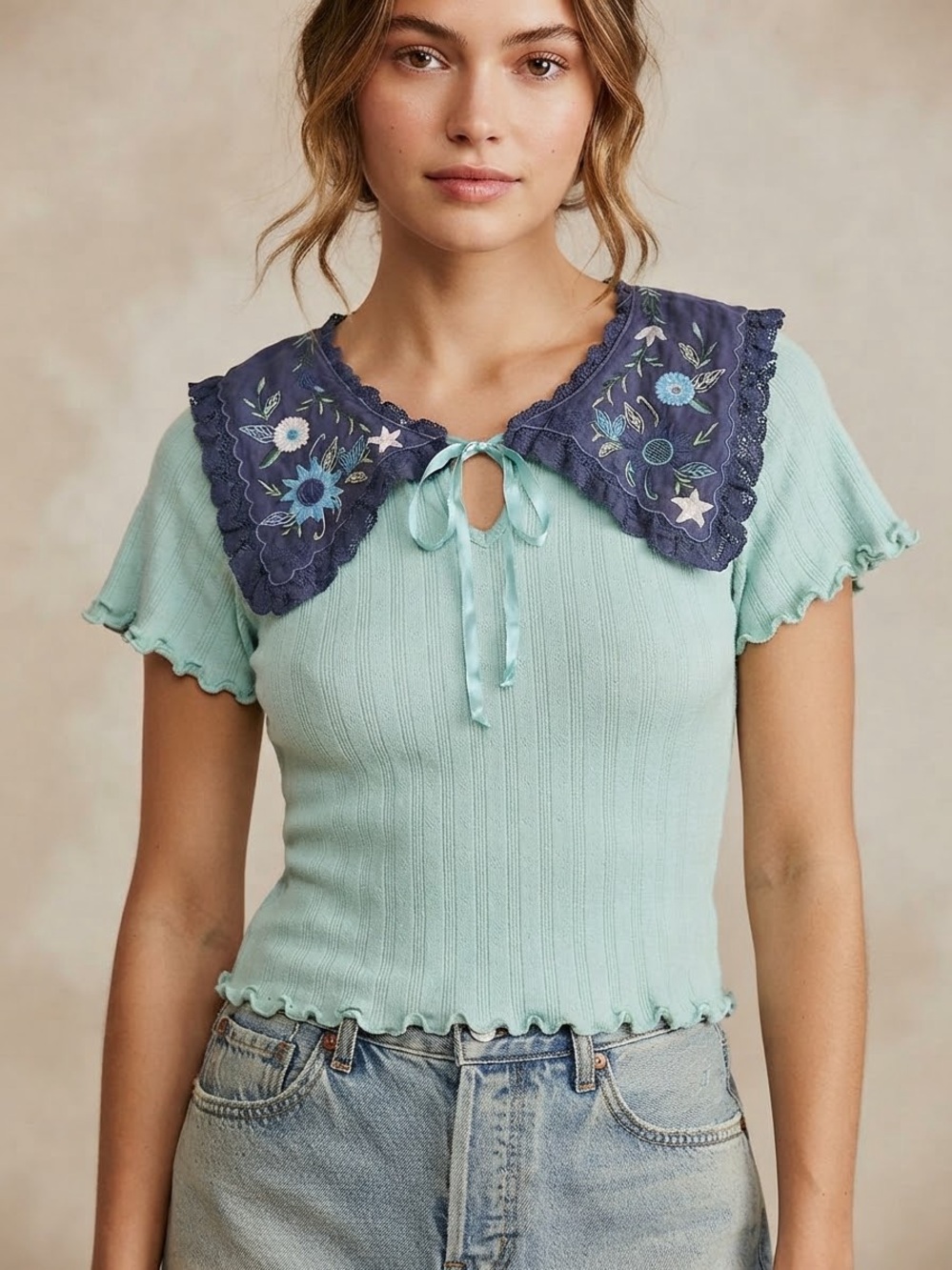Free People Mint Green Knit Top with Oversized Blue Embroidered Collar Size Smal